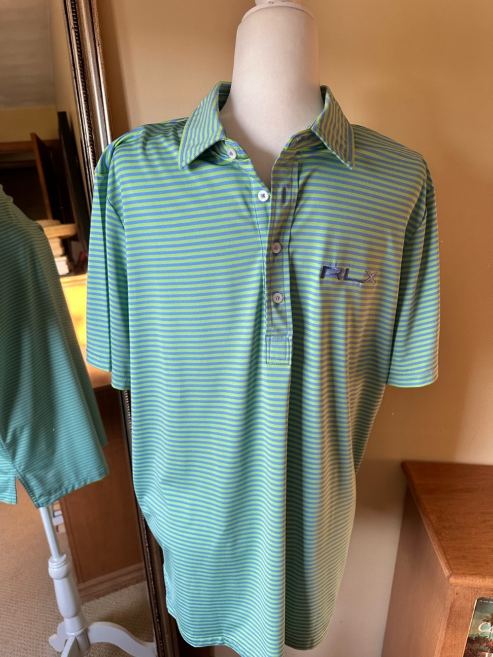RLX Ralph‎ Lauren Golf Polo Mens Large Performance Wicking Lime Blue Stripes